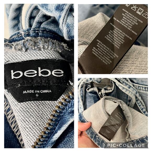 bebe Lace Back Denim Dress Size 6 With Puff Sleeves - Picture 8 of 8